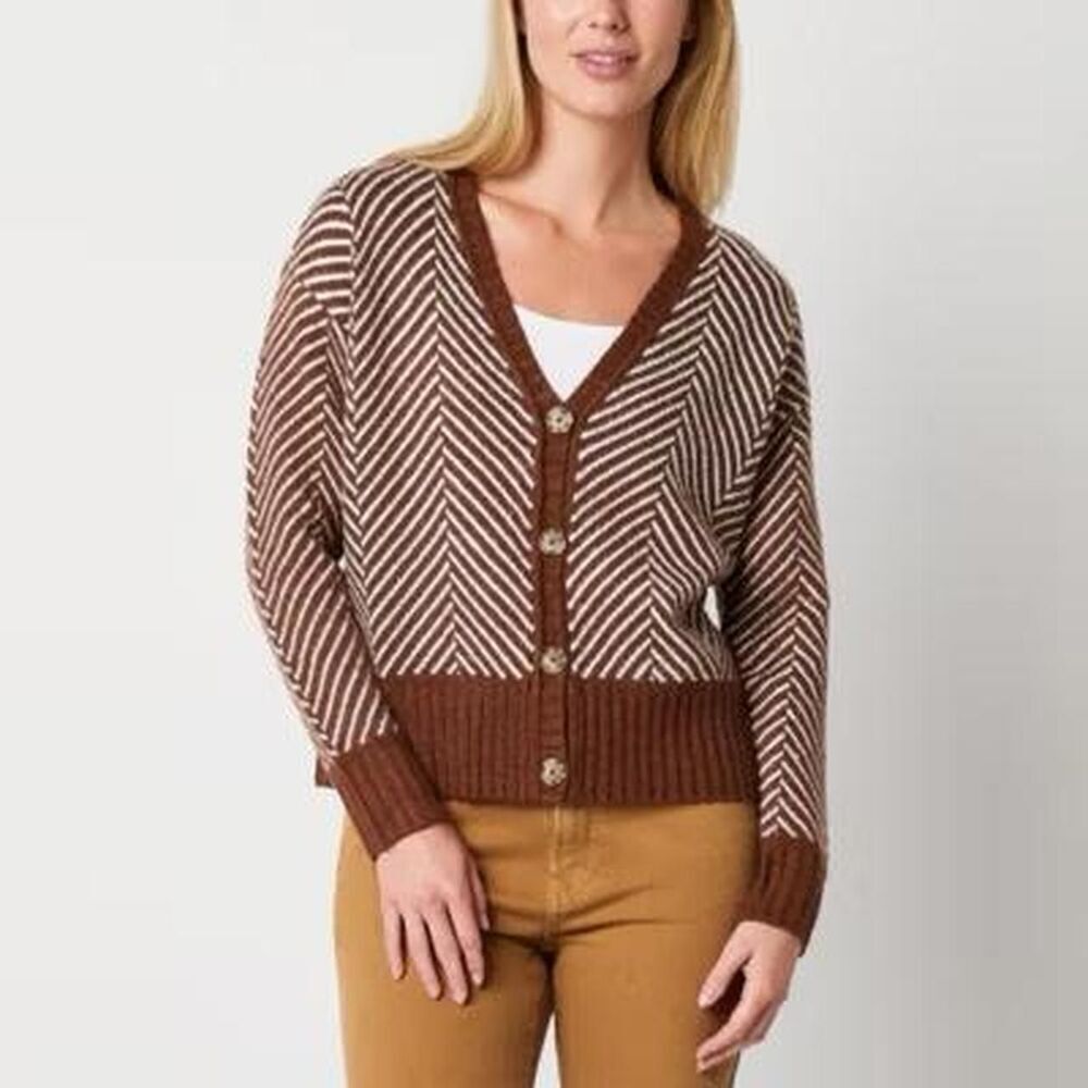 a.n.a. Women’s 1X Brown White Cardigan Sweater Soft Chevron Knit Button Front - Picture 1 of 8